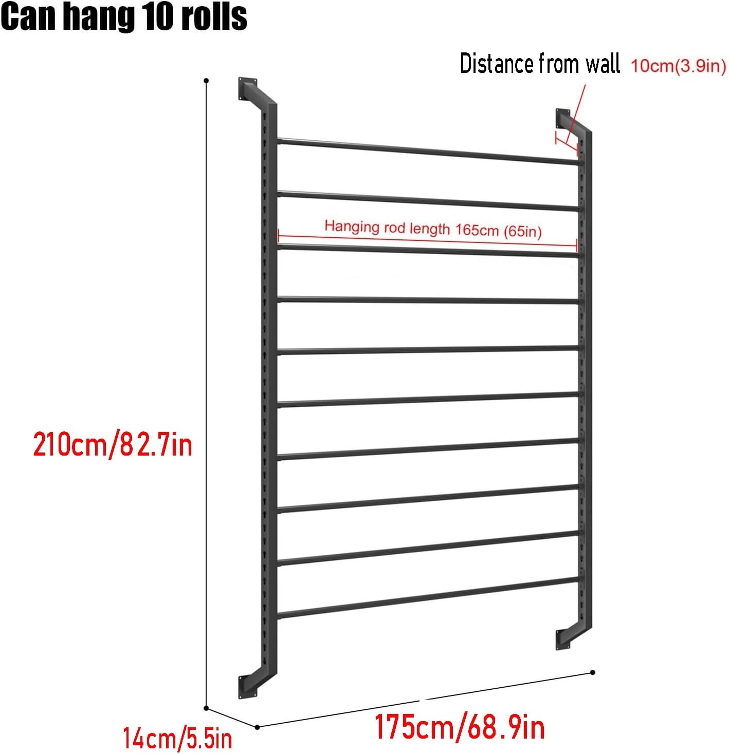 Heavy Duty Wall Mount Storage Rack For Vinyl & Fabric Spools, Tablecloths, Wrappers - Holds 12 Rolls - Commercial Grade Black Metal Organizer For Crafting & Car Wraps,One Color,Can hang 10 rolls