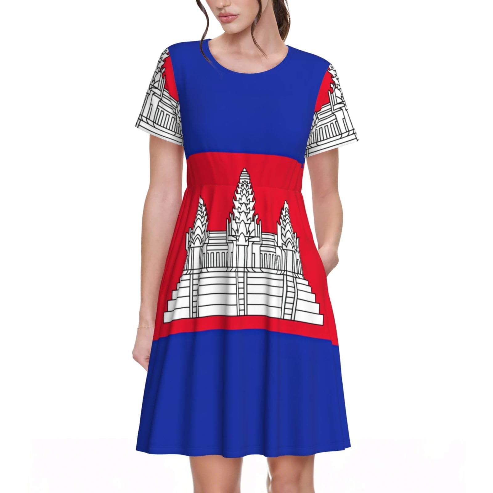 Robe d'été mi-longue EdWal à col rond et motif drapeau du Cambodge - 8