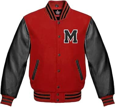 Men's Varsity Baseball Letterman Bomber Red Wool & Black Genuine