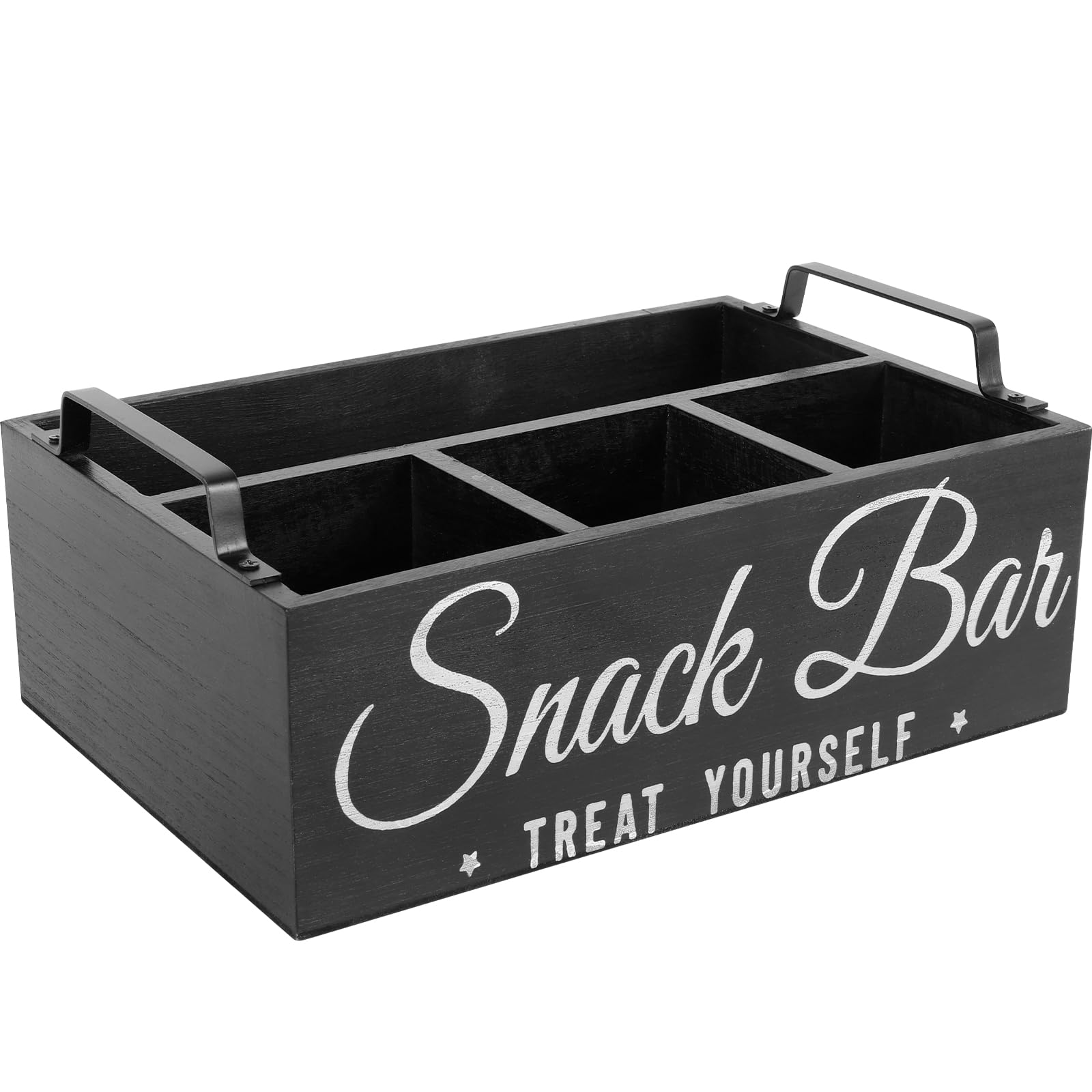 ATopoler Wooden Snack Organizer for Countertop, 4 Compartment Candy Storage Box & Snack Tray with Metal Handles, Rustic Farmhouse Decor for Kitchen Pantry, Living Room, Coffee Bar & Cabinet, (Black)