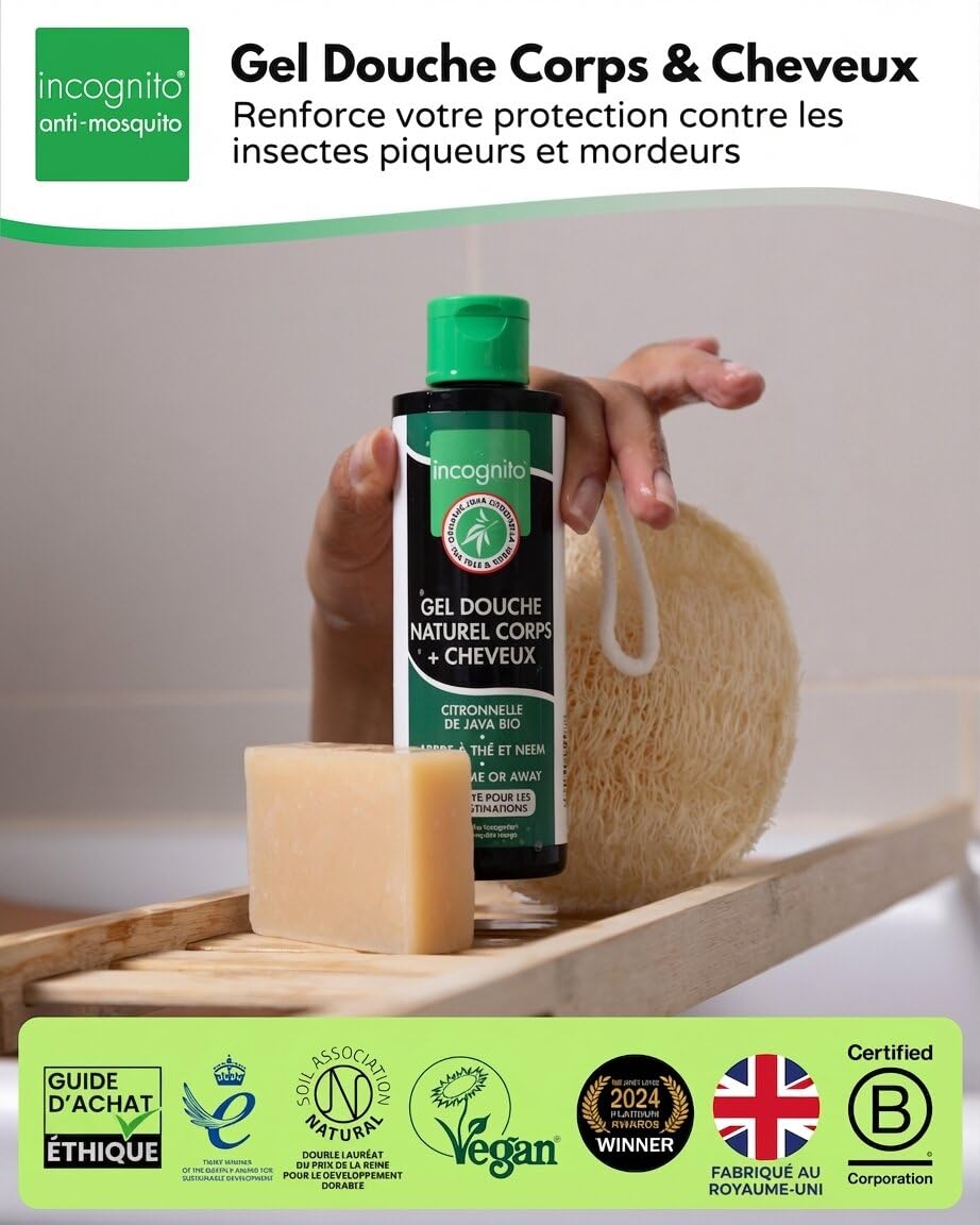 Incognito Gel Douche & Shampoing Java Citronella 200 ml – 2 en 1 Naturel – Aide à Repousser Moustiques et Insectes – Favorise des Cheveux Forts et une Peau Saine – Convient aux Femmes et aux Hommes