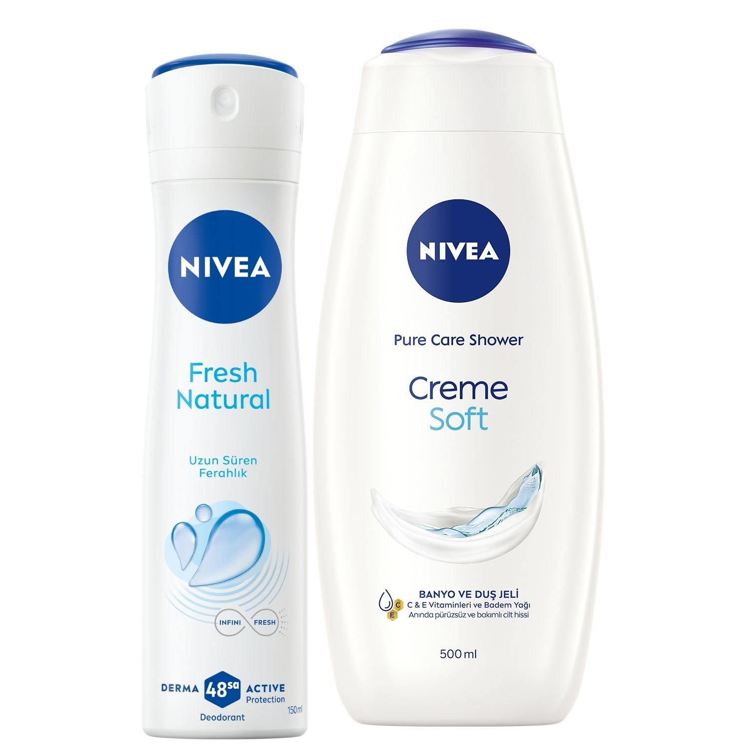 NIVEA Creme Soft Kremsi Dokunuş Banyo ve Duş Jeli 500 ml, Pro-Vitamin,Badem Yağı, Nemlendirme + NIVEA Kadın Sprey Deodorant Fresh Natural 150 ml