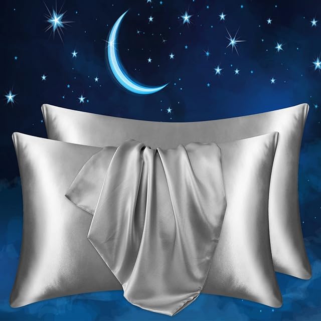 Satin Pillowcase 2 Pack - Super Soft and Silky Smooth Satin Pillow Case for Hair and Skin with Envelope Closure, Less Friction Less Wrinkles & Frizz , 50 x 75 cm Standard Size (Grey)