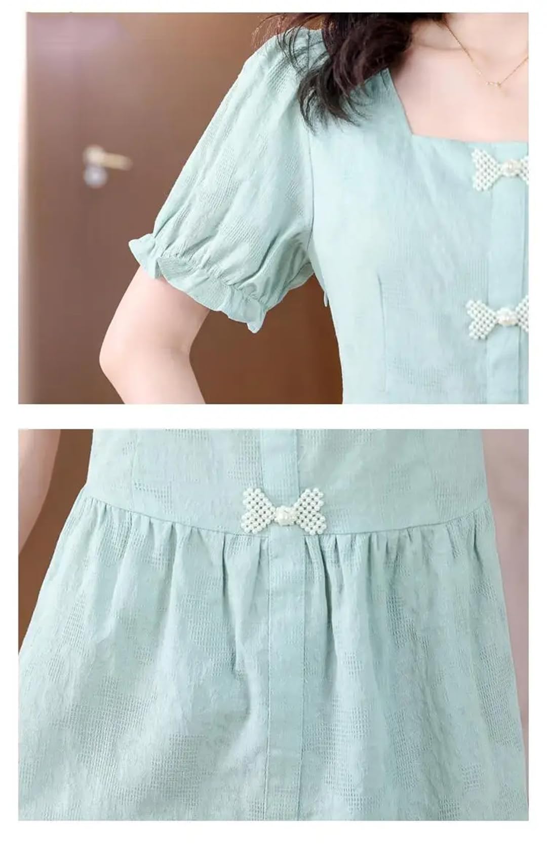 Camicia da donna a maniche corte estiva da ufficio con fiocco e bottoni, scollo quadrato, in cotone
