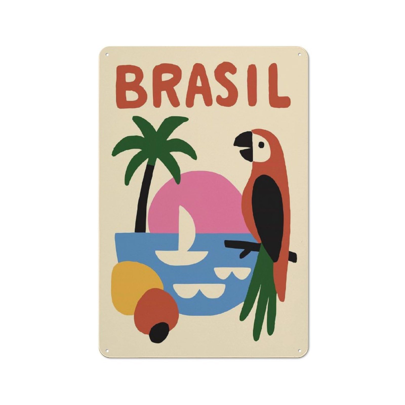 Junmoney Style-15 Workshop Style Brasil Illustration With Parrot And Beach Decorative Metal Plaque 30X20cm, Shed Wall Plaque For Tool Room, Garage, Studio Or Home Bar