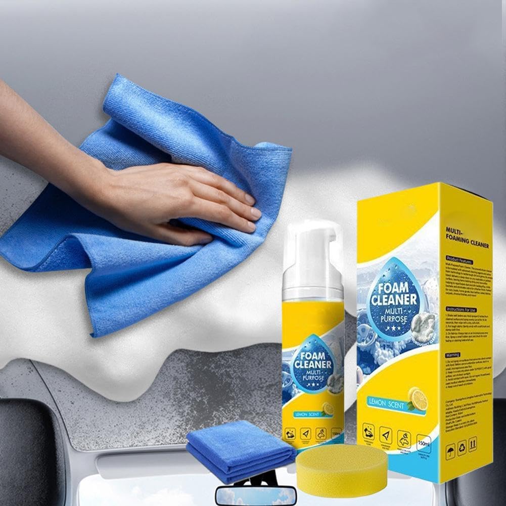 Detergente schiumogeno potente per interni auto con panno in microfibra e spugna, spray multiuso senza risciacquo per la pulizia profonda di sedili in pelle, cruscotto e rivestimenti in tessuto