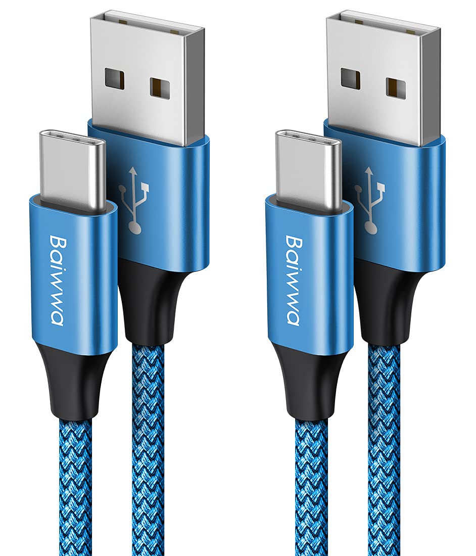 Baiwwa USB C Cable 1m, [3ft /2Pack] USB A to USBC Fast Charging Braided Type C Phone Charger Lead -Light Blue