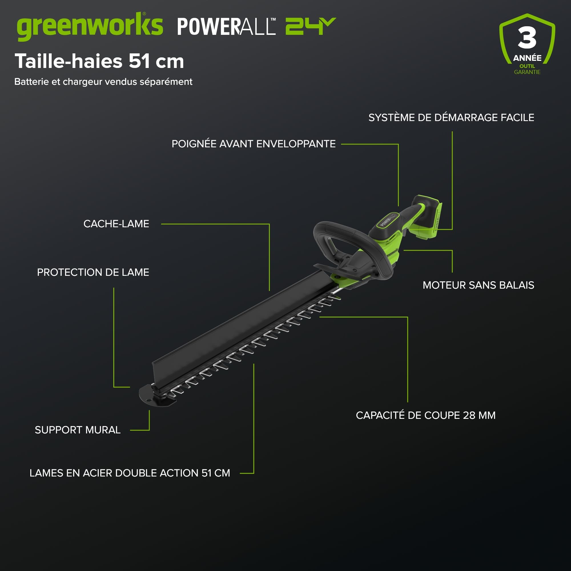 Greenworks Taille-Haies sans Fil 24V 51 cm, Moteur brushless, Lame Double Action 28 mm, Hedge Sweeper intégré, poignée Ergonomique enveloppante, sans Batterie HT2002DA1