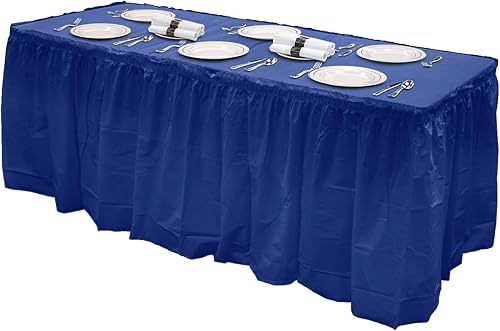 Miniatura 3 de Party Essentials Falda de mesa de plástico desechable resistente, 1 unidad, 29 pulgadas de ancho x 14 pies (168 pulgadas) de largo, color azul marino