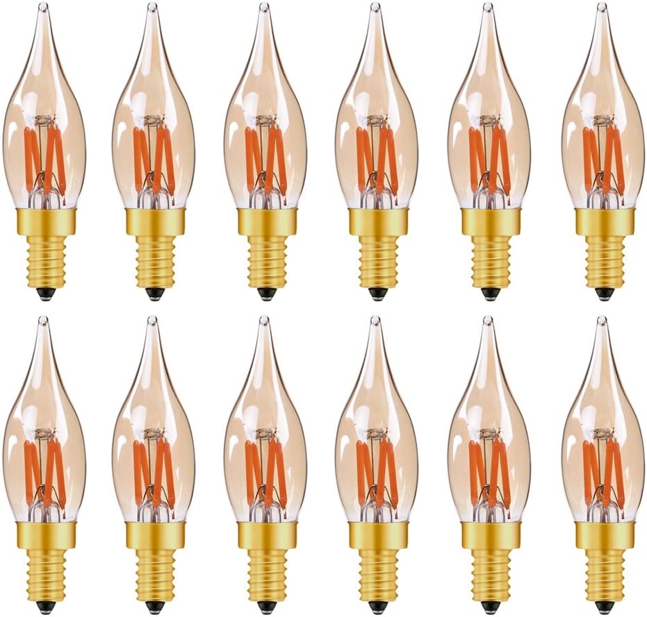 Genixgreen Decorative LED Filament Light Bulb, C22T Flame Edison LED Candle Bulb 2W Bayonet Cap E14 Base, 2200K Super Warm White, 25W Incandescent Replacement,12-Pack [Energy Class A++]