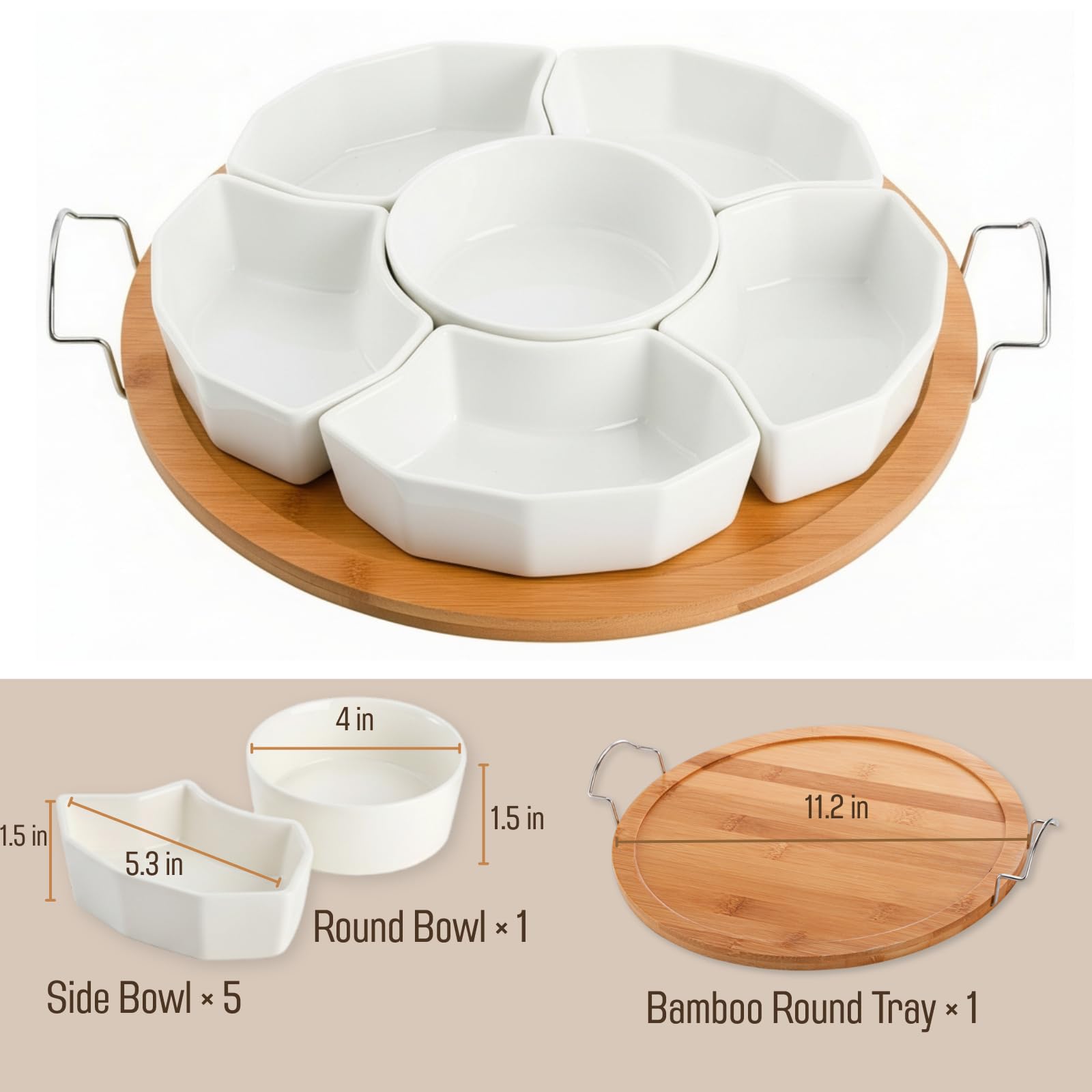 ZENFUN Plateau de Service et Plateau de 27,9 cm avec Plateau en Bambou, 6 Compartiments Amovibles, pour Frites, Fruits, Condiments