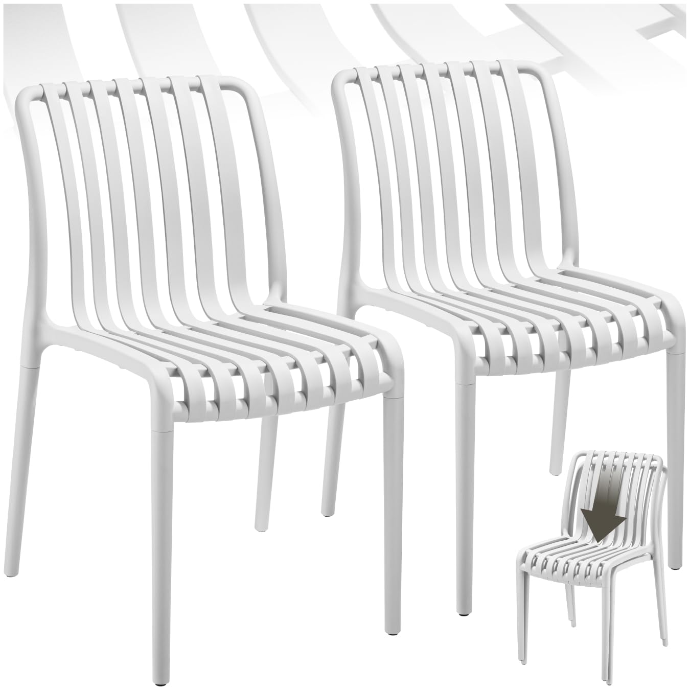 tectake® Set of 2 Garden Chairs in Light, Airy Design, Outdoor Chairs in Weather-Resistant Plastic with Slatted, Curved Seat, Stackable Garden Chair Set for Backyard, Patio, Balcony - Cream