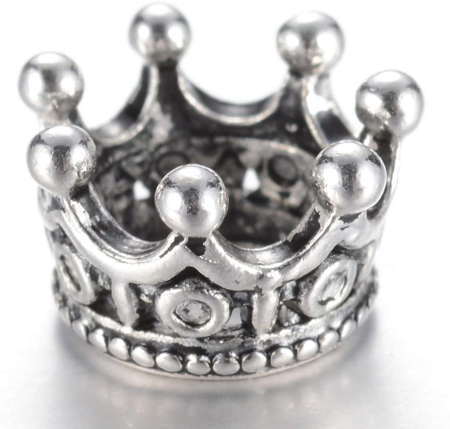 Fashewelry 100Pcs Large Hole European King Crown Spacer Beads Antique Silver Bracelet Connector Charm Loose Beads 10.5x7mm for Snake Chain Jewelry Making