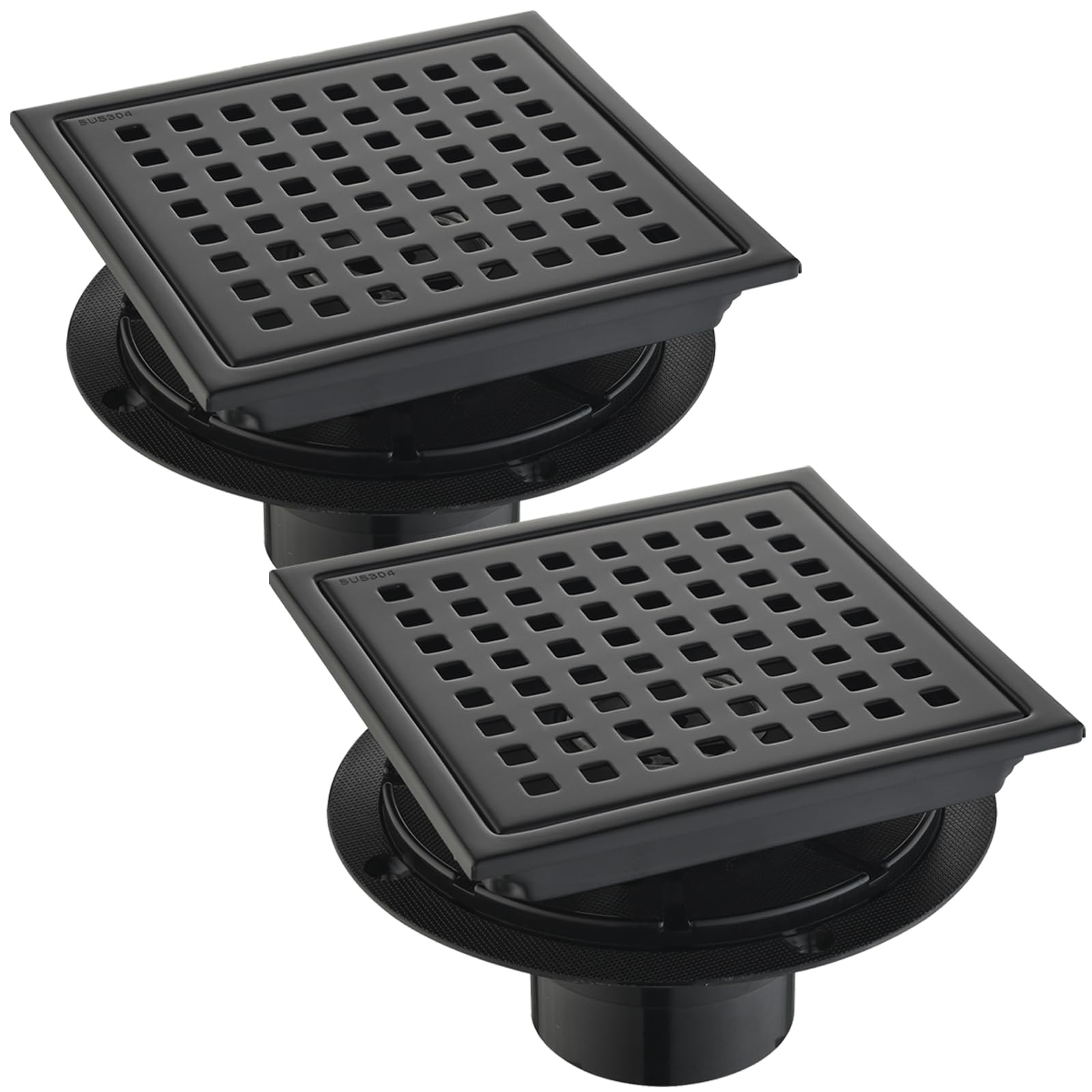 Photo 1 of Kuaisailsk 6 Inch Square Shower Drain Set of 2 with Removable, Square Grille, 304 Stainless Steel, Includes Shower Drain Base Hair Filter, Black, for Bathroom, Kitchen, Balcony 2 Pack