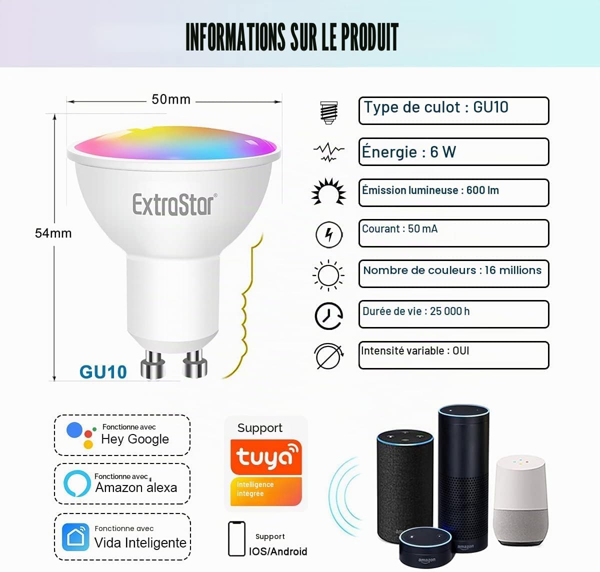 EXTRASTAR Lampadine LED GU10 Wi-Fi 6W, compatibili con Alexa e Google Home, lampadine dimmerabili a colori Wi-Fi GU10 RGB 2700-6500K, confezione da 6