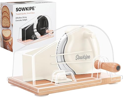 SOWKIPE Upgraded Manual Bread Slicer for Homemade Sourdough Bread, Adjustable Thickness Hand Crank Bread Cutter with Metal Guide, Scale Line, Even Slices, Suction Cups, Cover (Cream)