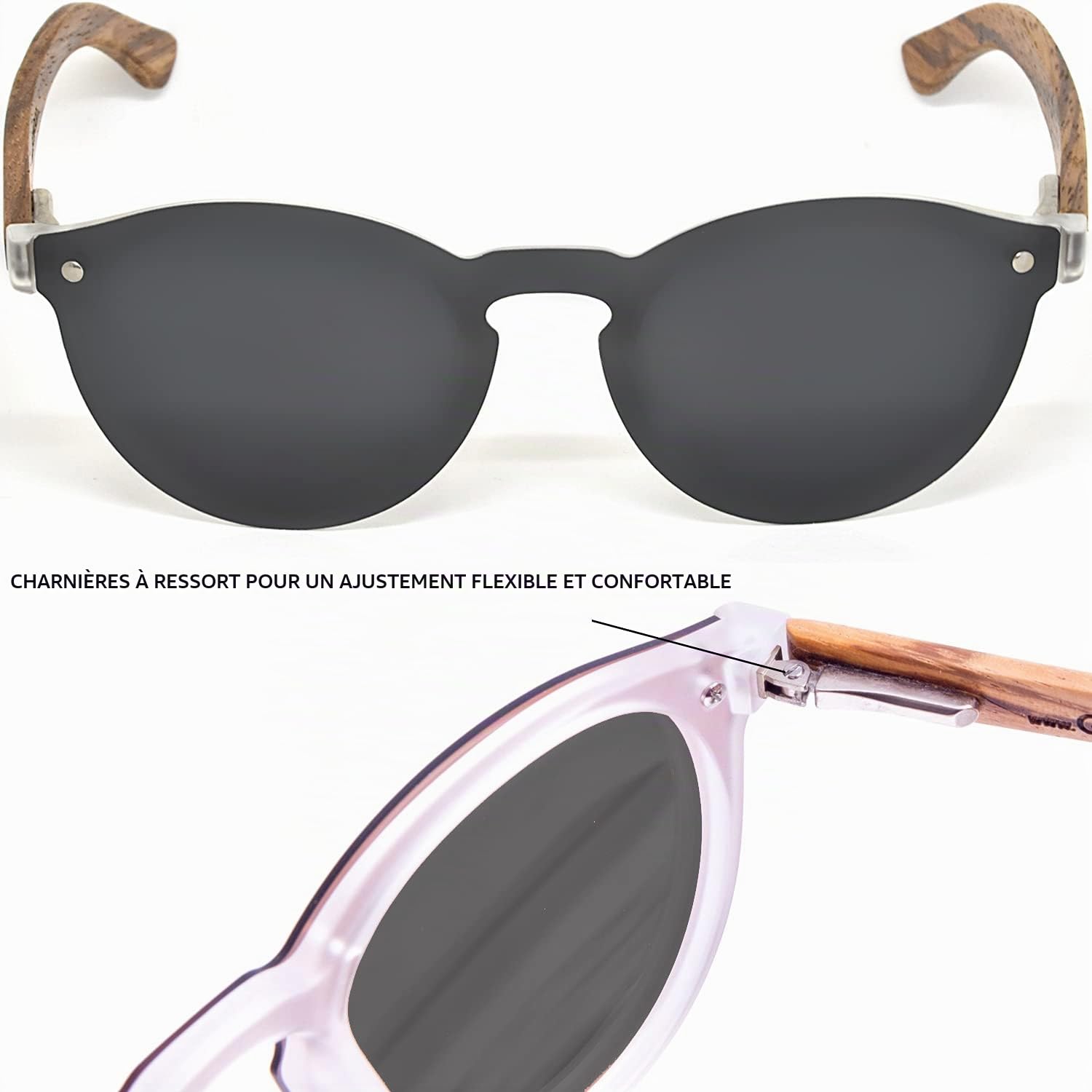 GOWOOD Lunettes de soleil femmes et hommes rondes en bois avec verres une pièce noir polarisées