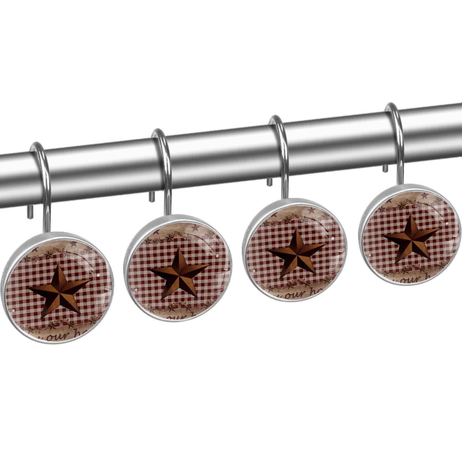 Country Star Burgundy Red Plaid Berry Retro Wood Grain Decorative Shower Curtain Hooks Rings Set of 12 Hooks for Shower Curtain Rustproof Curtain Rings for Bathroom