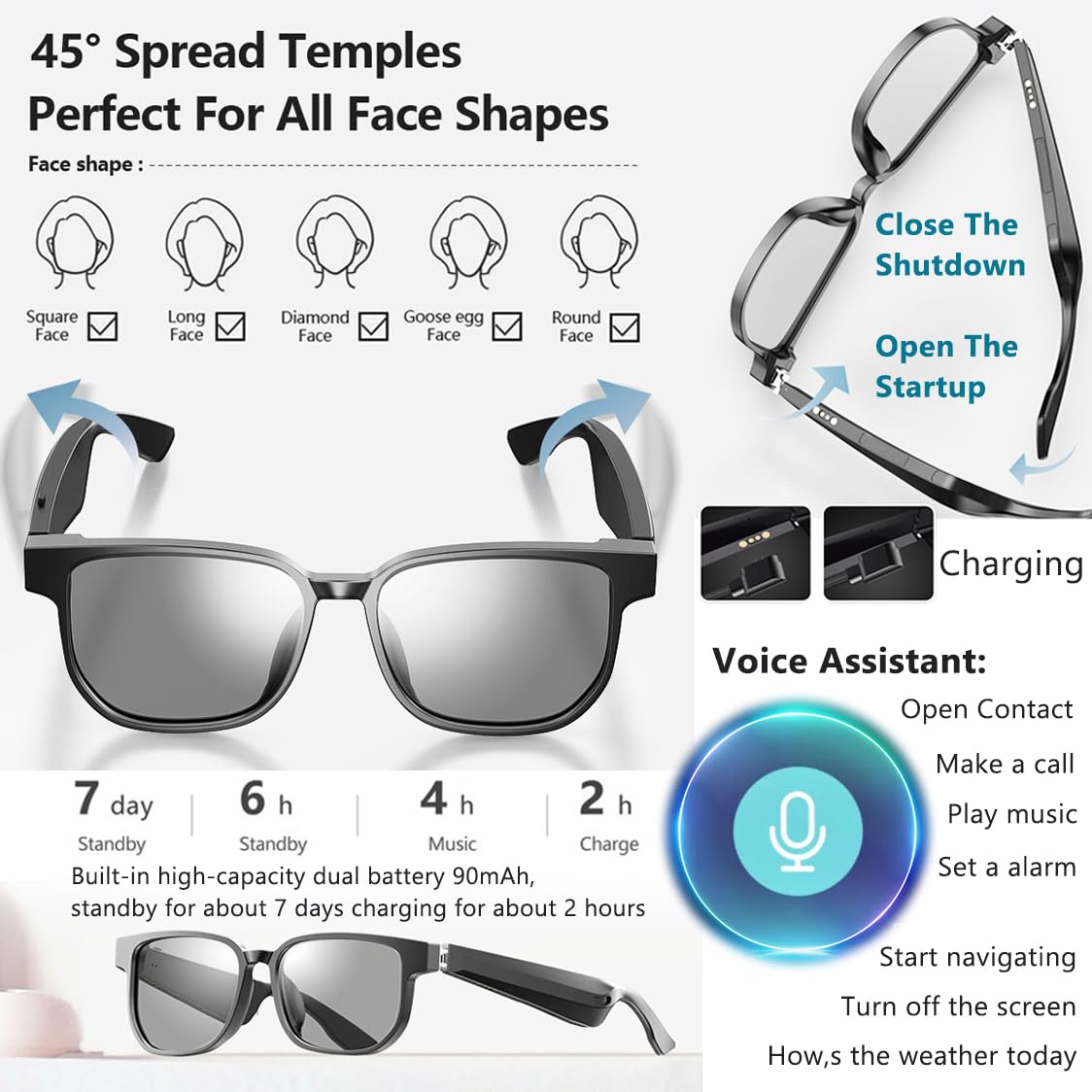 Occhiali intelligenti con altoparlante Bluetooth, orecchio aperto, occhiali smart audio per esterni, protezione UV, per uomini e donne, unisex, 09 (nero)
