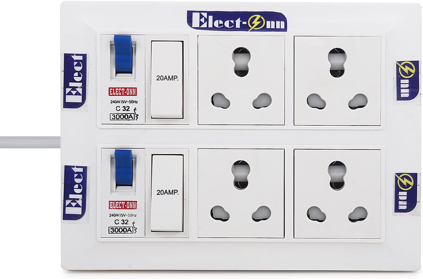 Elect-onn Premium Extension Board Heavy Duty Surge Protector Or Wire Extender 4 16Amp Power Sockets With 2 32Amp Mcb&2 16Amp Switches 2.5Mm Long Wire Cable Cord(12 Meter) With 16Amp Power Plug, White