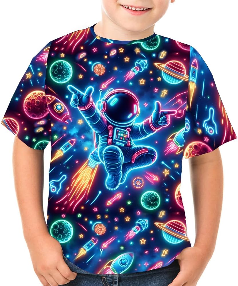 Boys Girls 3D Graphic Tees Unisex Short Sleeve T Shirt Novelty Neon Shirts for Boys 5-14 Years