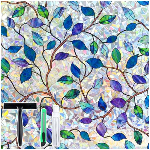 rabbitgoo Window Privacy Film, Purple Blue Leaf, 23.6" x 157.4"
