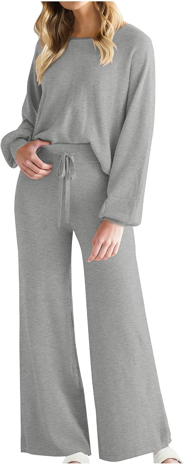 Women 2 Piece Fleece Sweater Sets Crewneck Knitted Pullover Tops Wide Leg Pants Casual Sweatsuit Lounge Matching Sets