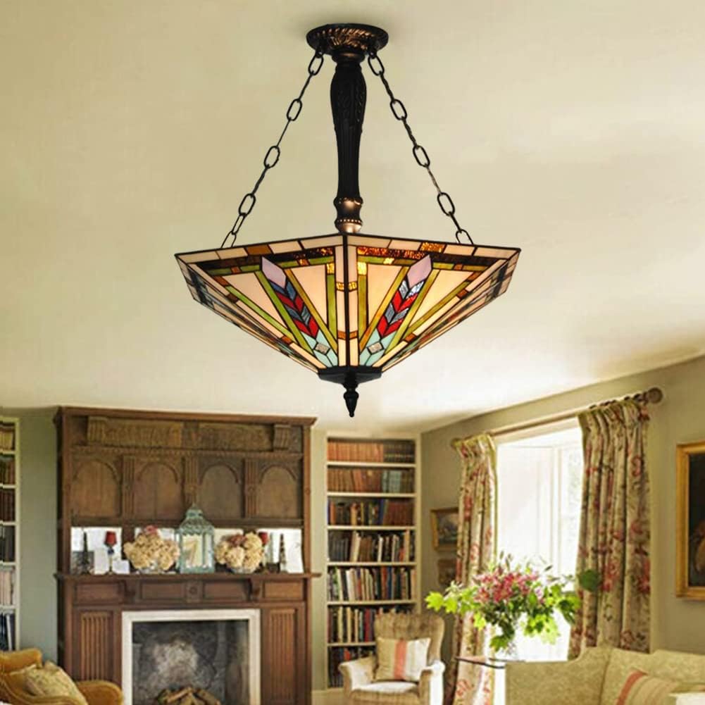 Tiffany Stained Glass Chandelier, 3 Lights Vintage Jeweled Ceiling Fixture Lamp Antique Cream White Hanging Lamp Lighting for Dining Room Living Room Hallway, Bulb NOT Included