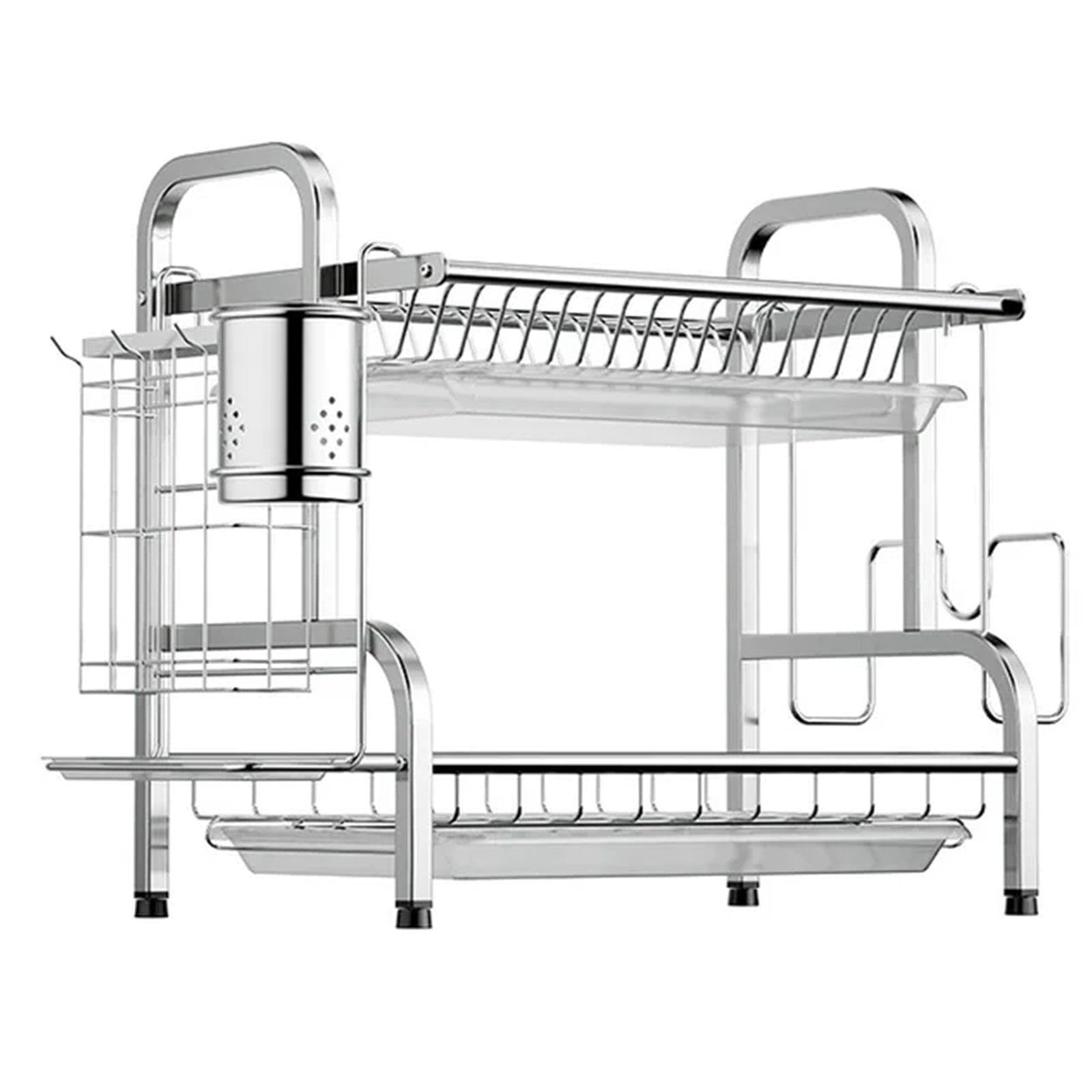 Escurridor de Platos, Soporte para Tazas con Escurridor, Encimera de Cocina, Acero Inoxidable, Bandeja Antigoteo Práctica, Organizador de Platos, 43 cm x 23,5 cm x 39 cm