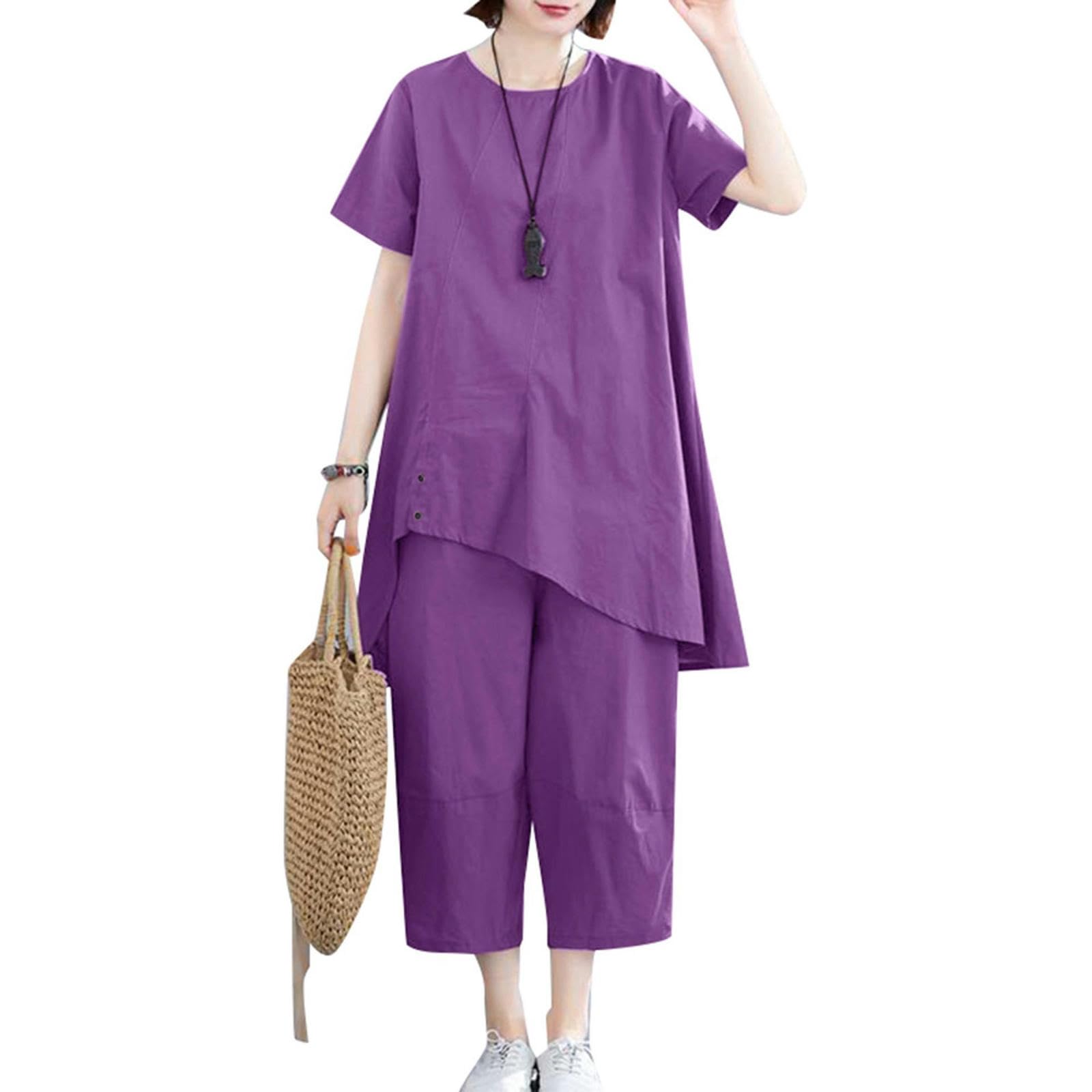 Costume pour femme violet taille 2XL ensemble pantalon jambes larges et haut col rond