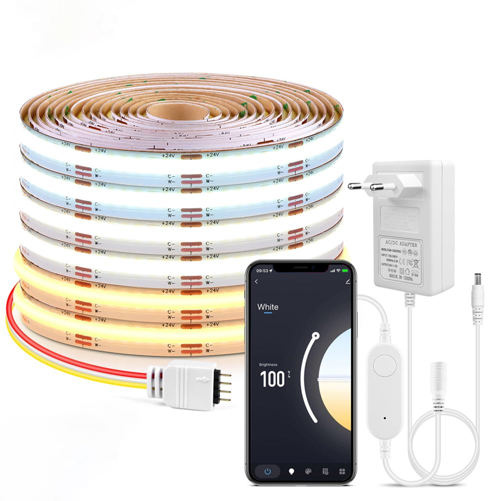 Taśma LED 5 m 24 V 608 diod LED/m z wtyczką Taśma LED WIFI COB z możliwością ściemniania, z zasilaczem Samoprzylepna 3000 K Ciepła biel IP65 Wodoodporna Do szaf Schody Korytarz Sypialnia Impreza,3m