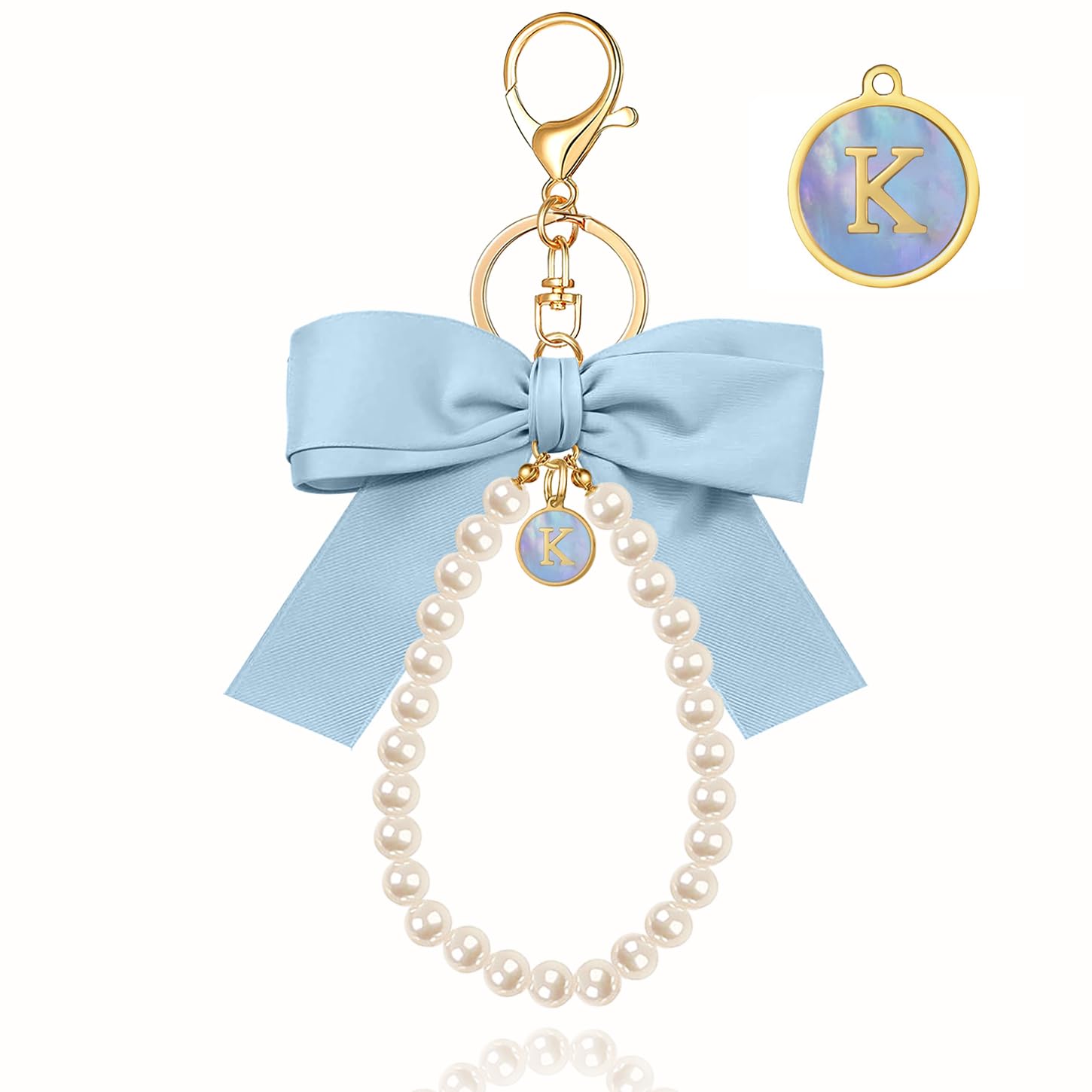 XGALBLA Initial Letter Cute Coquette Bow Keychain for Women, Wristlet Simulated Pearl Keychains Bag Charms for Handbags