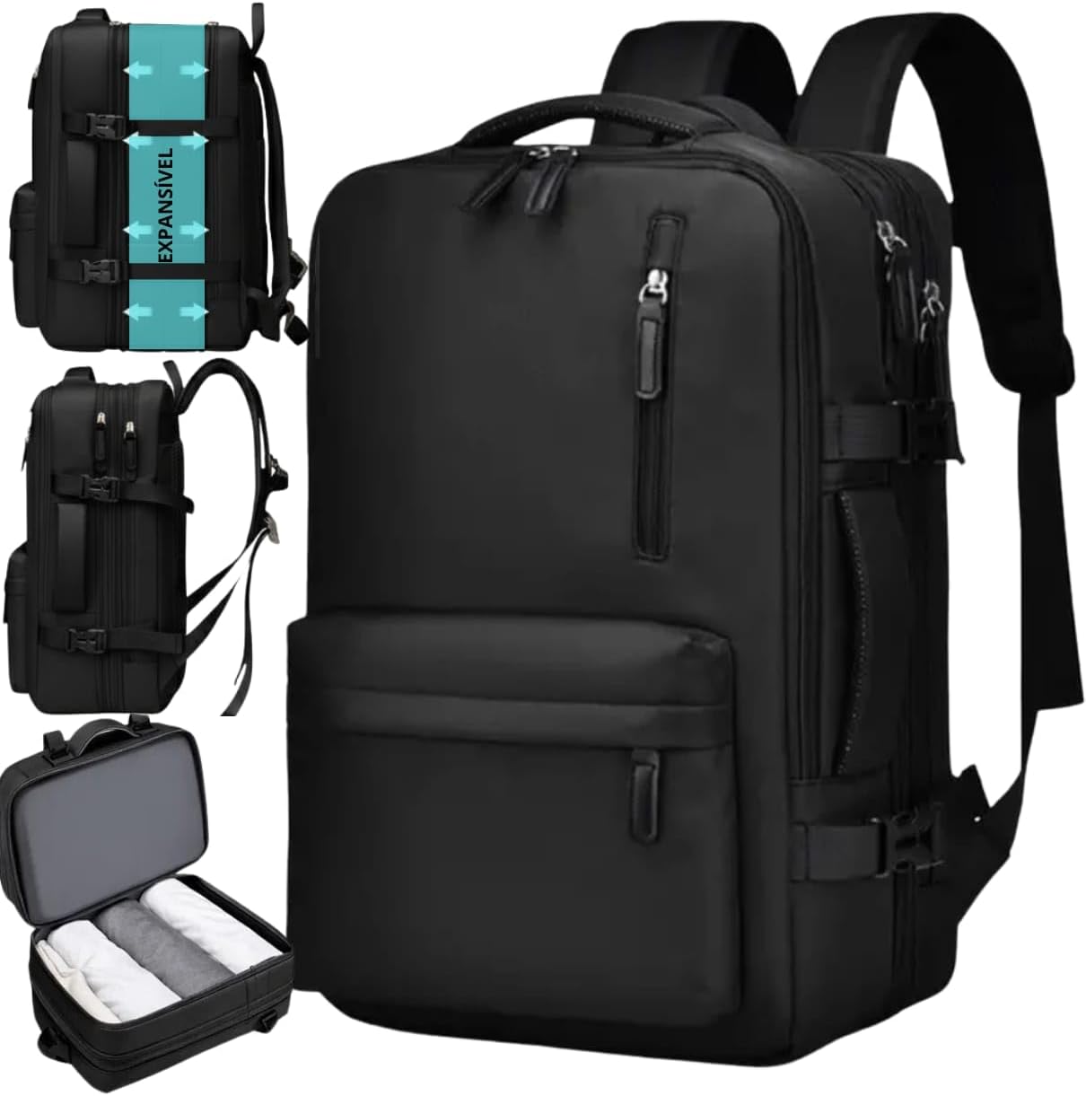 Mochila de Viagem Expansível 40L Impermeável – Feminina, Masculina – Bagagem de Bordo 10kg para Avião, Compartimento para Notebook, Executiva, Reforçada, Mala Mochila