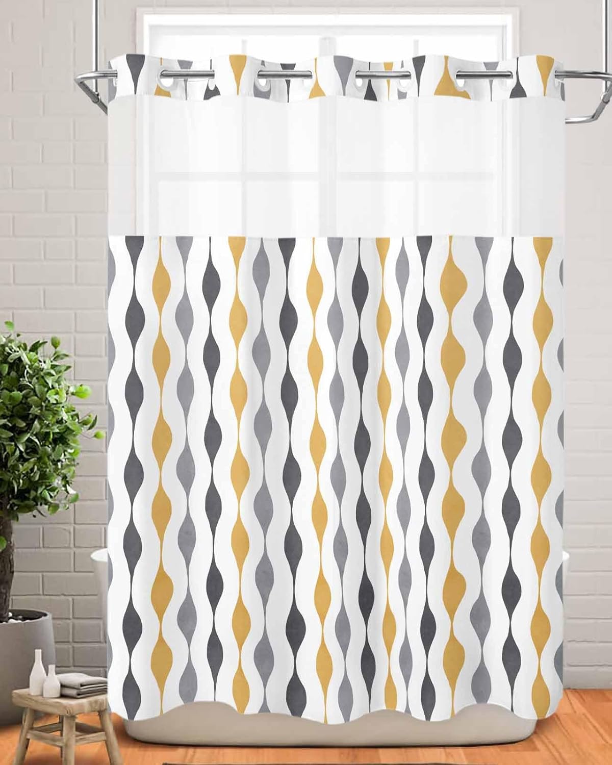No Hook Shower Curtains, Yellow Grey Stripes Stall Bathroom Curtain with Snap in Liner, Modern Abstract Geometric Waterproof Washable Fabric Bathroom Shower Curtain Sets, 48" x 72"