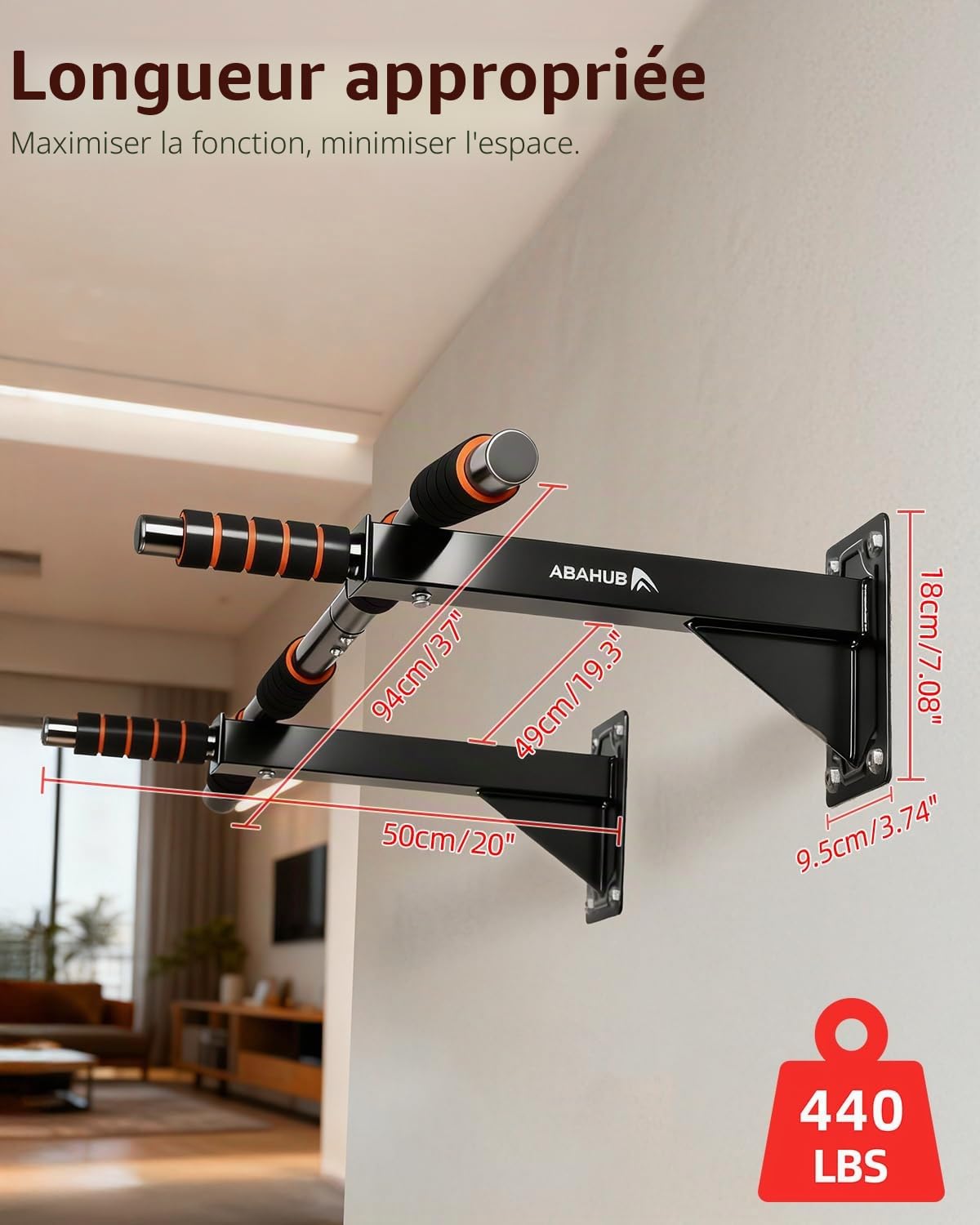 Barre de Traction Murale Fixation Lourde - Montage au Mur avec Cheville, Capacité 200 kg - Structure Renforcée et 3 Prises pour Entraînement Intensif - Noir/Orange