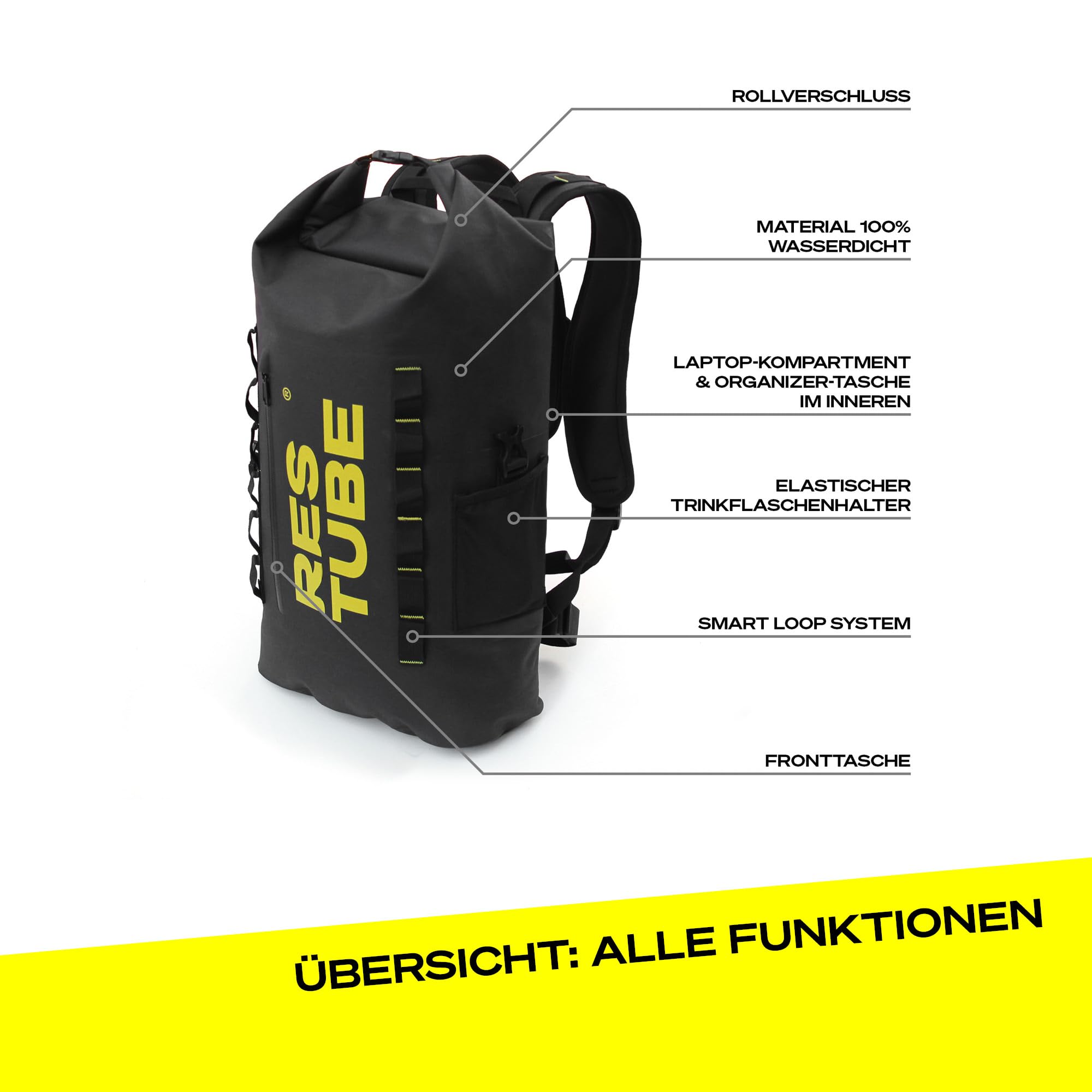Restube Coast 25L wasserdichter Rucksack - Wasserfester Rolltop - Laptop-Fach - Flaschenhalter - Daypack für Alltag, Pendeln, Fahrrad, Outdoor & Abenteuer am Wasser