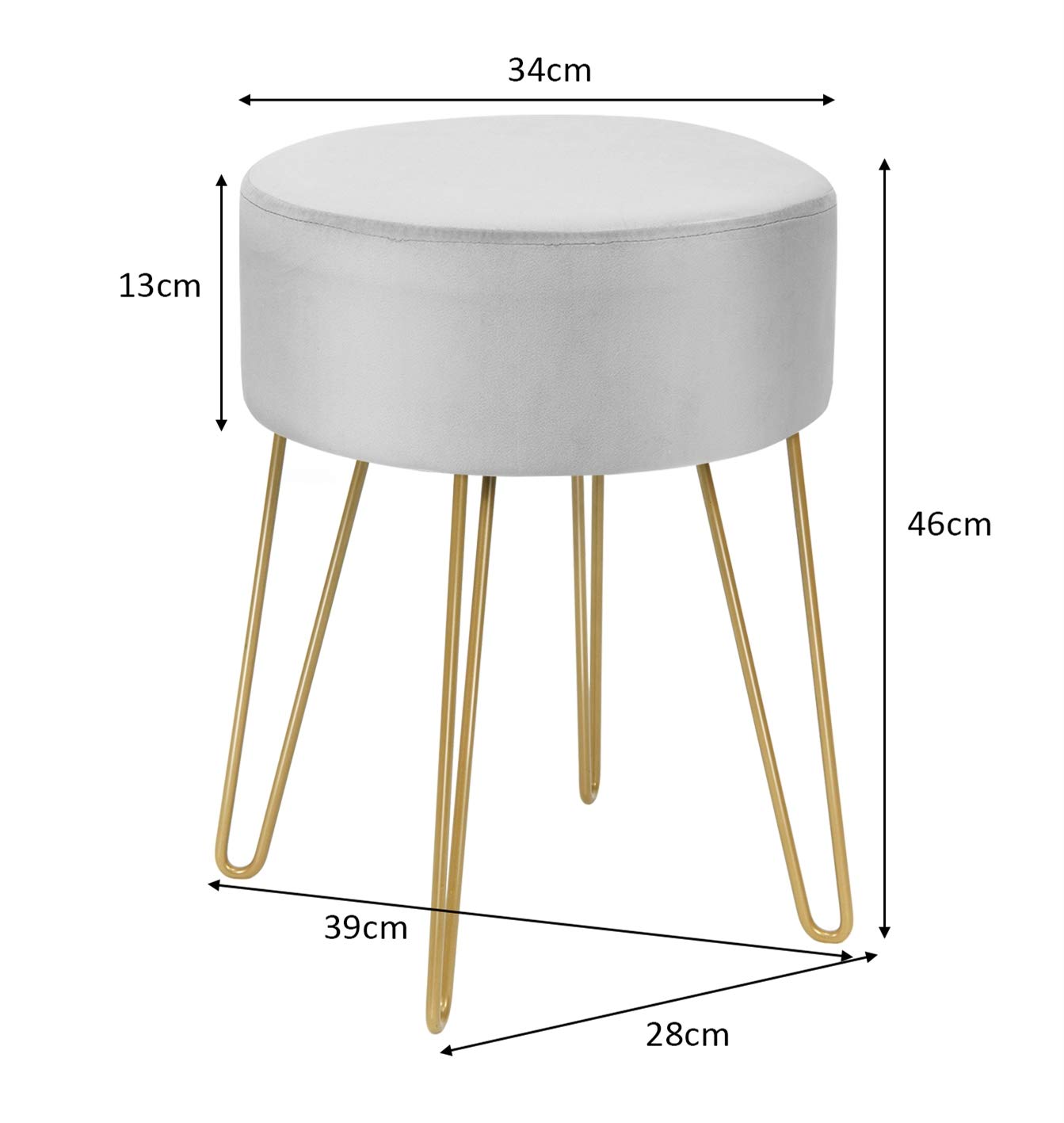 DREAMADE Samthocker Sitzhocker rund, Schminkhocker mit stabilen goldenen Metallfüßen, Fußhocker Samtstuhl Gepolsterter Hocker für Wohnzimmer & Schlafzimmer (Hellgrau)