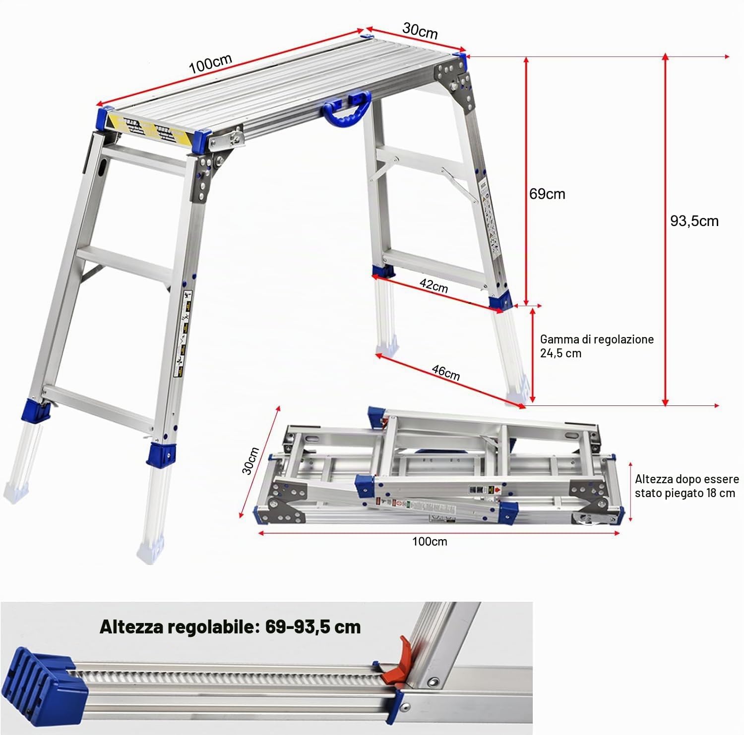 Piattaforma di lavoro100x 30cm, Scaletta pieghevole a 2 gradini in alluminio, Banco da lavoro altezza regolabile, con piedini in gomma antiscivolo e serrature di sicurezza, portata di 150kg