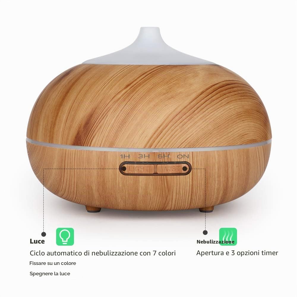 WD&CD Diffusore di Aromi 300ML Diffusore di Oli Essenziali Senz'acqua Spegnimento Automatico / 7 Luci Colorate / 3 Impostazione Timer/Silenzioso - Venatura del Legno Chiaro