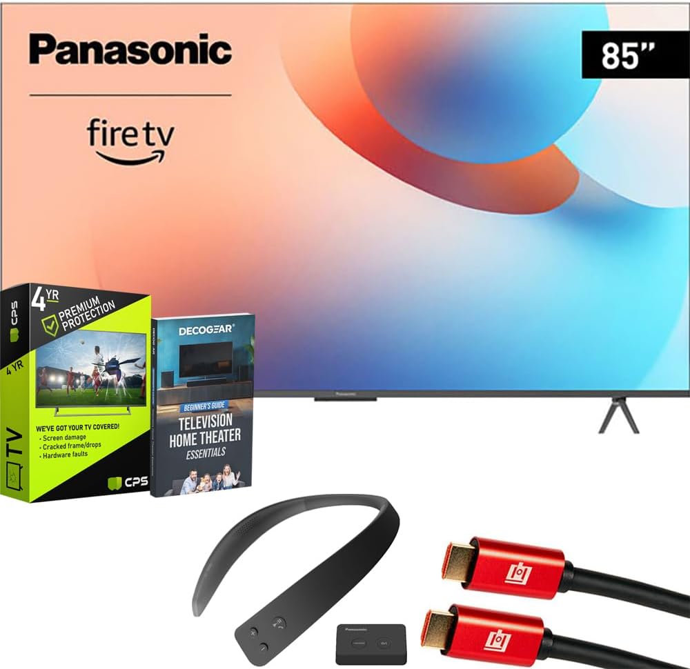 Panasonic TV-85W95AP W95 85" Mini LED 4K UHD Smart Fire TV 2024 Bundle with WN10 Neck Speaker, 4 YR CPS Enhanced Protection, 2X HDMI Cable & Deco Gear Complete Home Theater Beginner's Guidebook