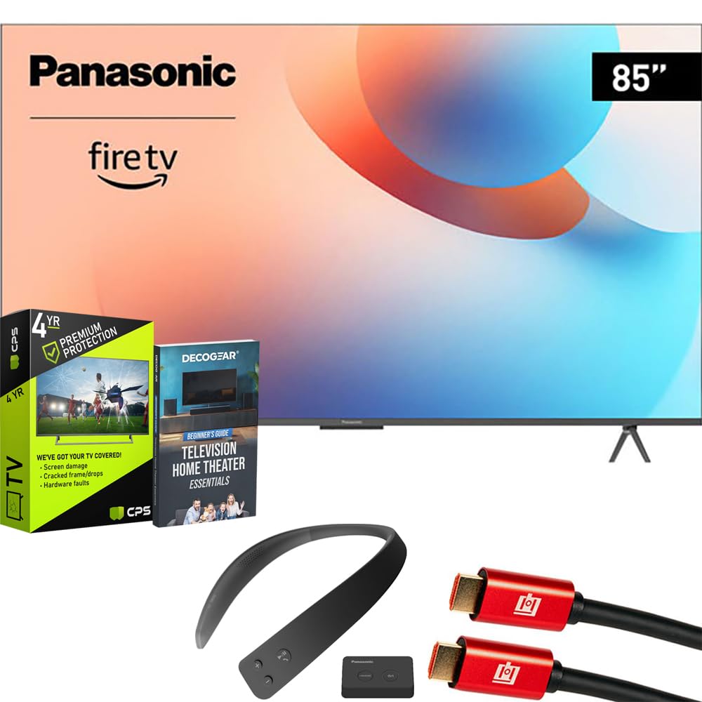 Panasonic TV-85W95AP W95 85" Mini LED 4K UHD Smart Fire TV 2024 Bundle with WN10 Neck Speaker, 4 YR CPS Enhanced Protection, 2X HDMI Cable & Deco Gear Complete Home Theater Beginner's Guidebook