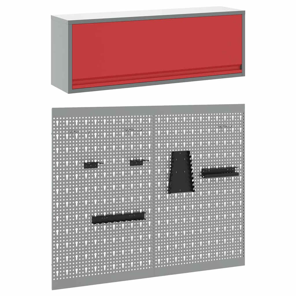 Juego de 3 armarios de herramientas de acero con recubrimiento de polvo rojo, montaje en pared con estantes metálicos y placas perforadas para taller, garaje, espacio de hobby, orden y