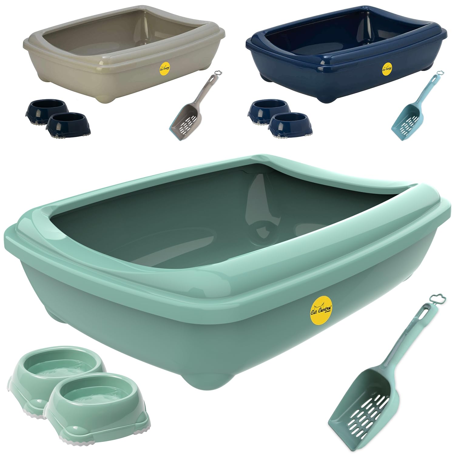 CAT CENTRE Green Jumbo Deep Cat Litter Tray with Rim + Two 0.3L Bowls + Scoop Open Toilet Bundle for Cats & Kittens