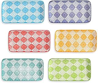 AHX Appetizer Plates Set Dessert Plate - Rectangular Small Serving Plates for Sushi | Tapas | Snack - Colorful Ceramic Serving Dishes Set of 6 - Microwave and Dishwasher Safe - 8 inch