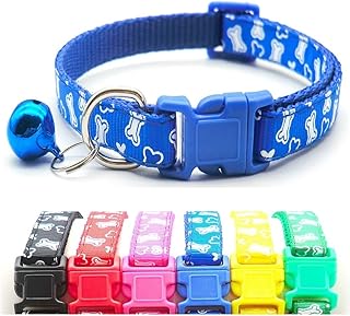 Doggie Style Store Collar de perro pequeño, cachorro, gato, gatito, Accesorios, color blanco, diseño de hueso, de nailon con campana, hebilla ajustable de liberación rápida, color azul