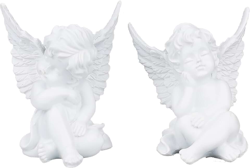 Figura decorativa de ángel de la guarda sentado soñando, juego de 2 unidades, resina blanca crema, figura decorativa de pareja de ángeles para niños