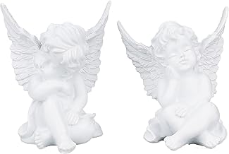 Zweipappel Set of 2 Decorative Guardian Angel Sitting Dreamy Figurine in White Resin for Children and Little Angel