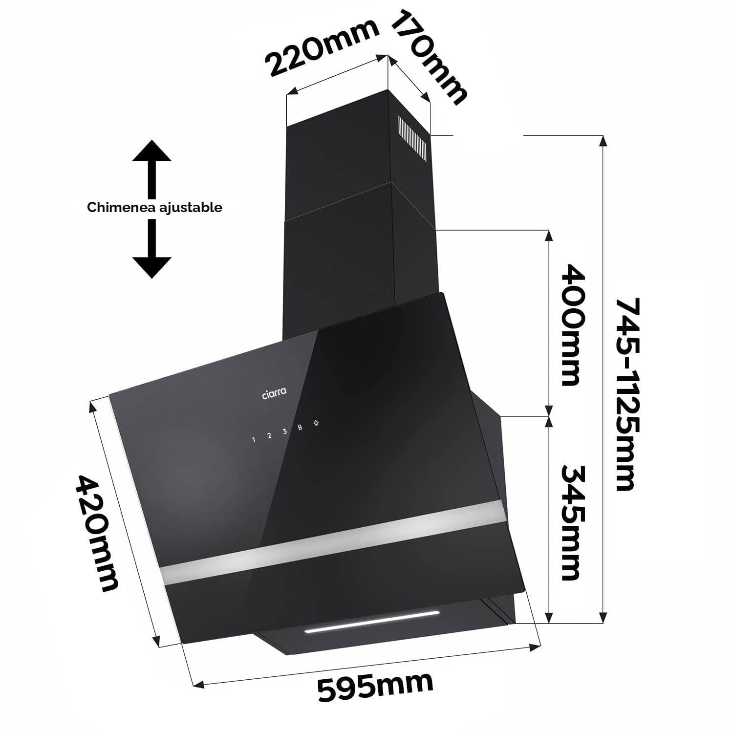 CIARRA CBCB6736H Campana Extractora de Pared 60cm Clase A+++ WIFI | 683m³/h 3 Velocidades Evacuación al Exterior y Recirculación Interna por Filtro de Carbón CBCF003 Luz LED