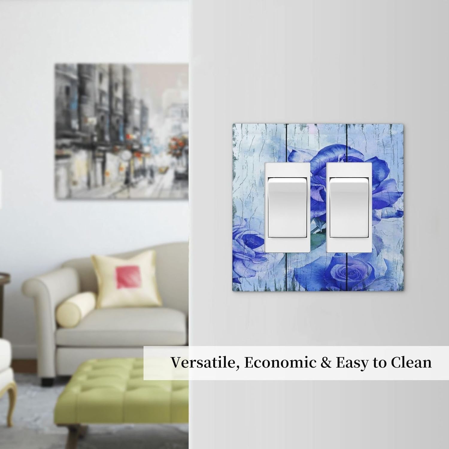 Blue Rose Flower Rustic Wood Plank Floral Decorative Outlet Covers 2 Gang Double GFCI Rocker Electrical Wall Panels Light Switch Cover Plate for Farmhouse Home Decor