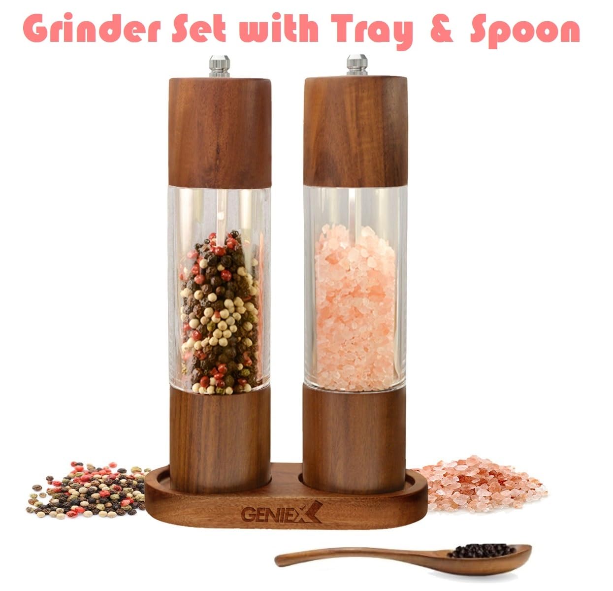 GenieX PRINCE Wooden Salt & Pepper Grinder Set - Acacia Wood, 8" Tall, With Tray (Refillable, Adjustable)